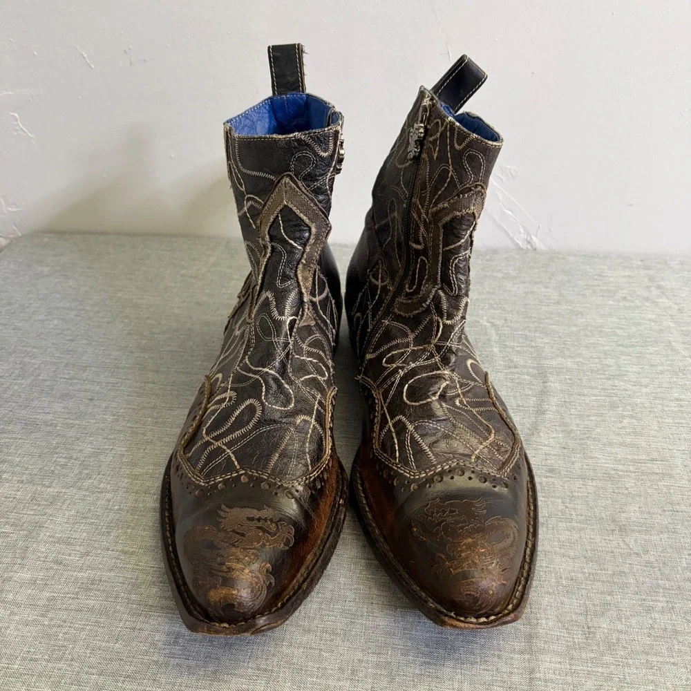 Mark Nason Boots Mens 11 Brown Rock Lir Italian‎ Leather Cross Embroidered Ankle